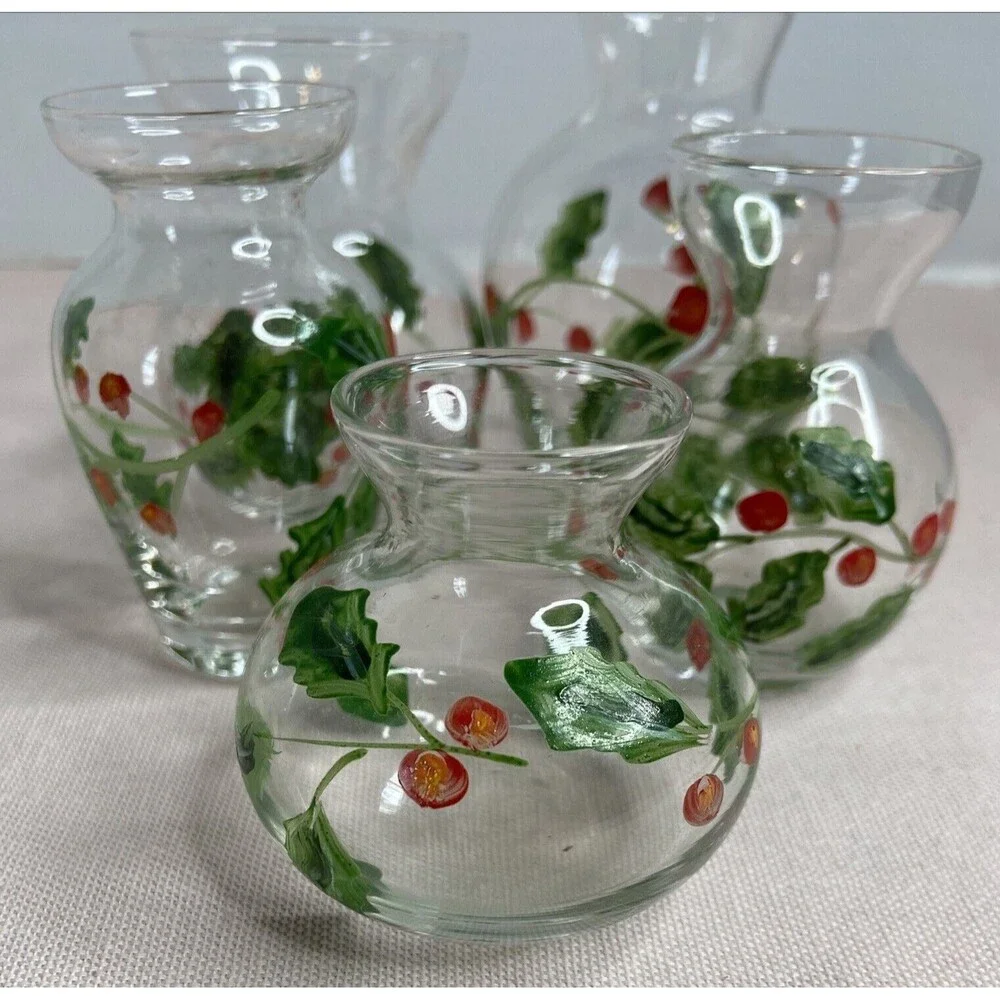 HAND PAINTED GLASS , CLEAR MINI VASES. 5 ITEMS IN THE SET.  VINES & BERRIES.